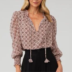 Misa Los Angeles Brown and White Puff Sleeve Blouse